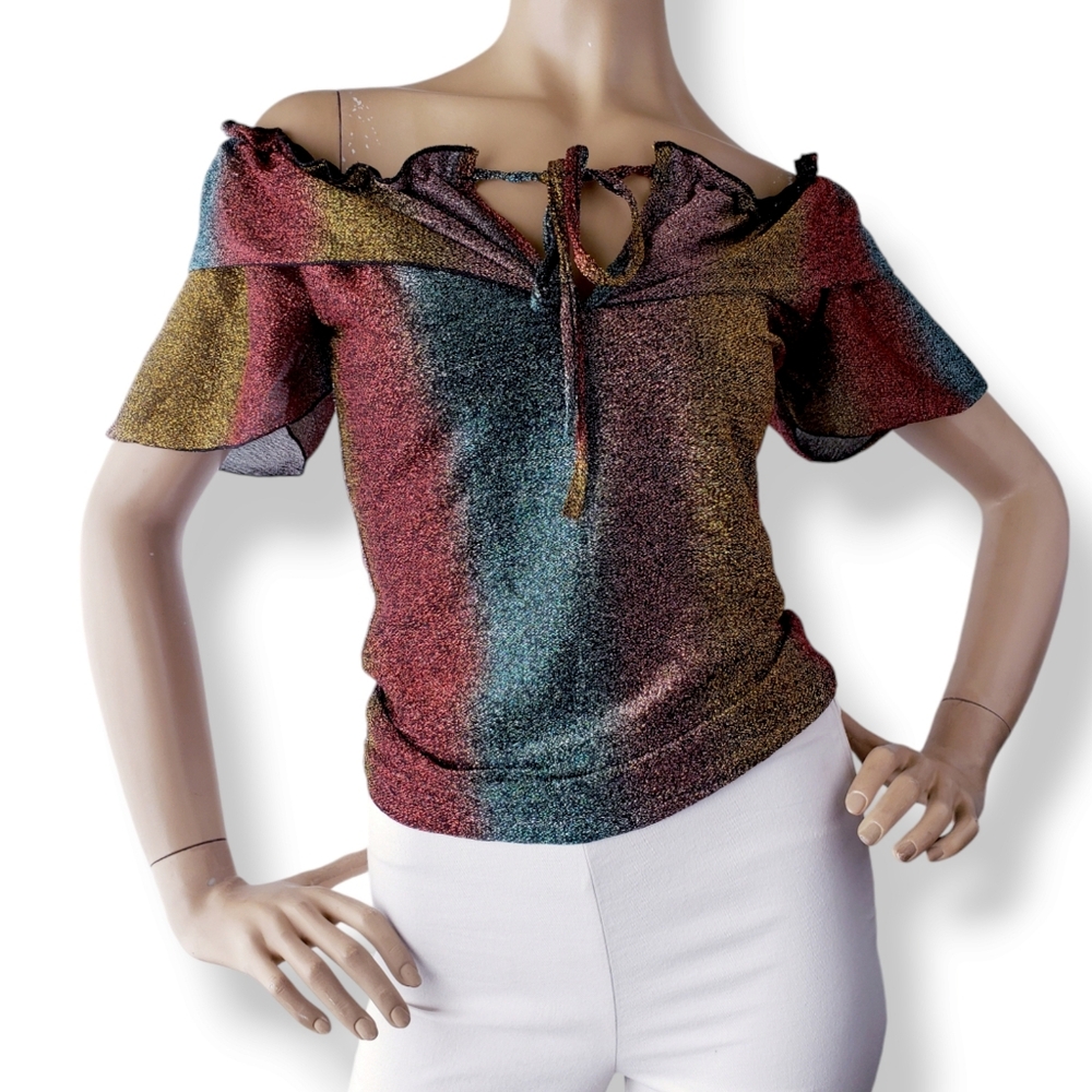 Gold, Red & Green Metallic Striped Off Shoulder Ruffle Blouse by Route 3